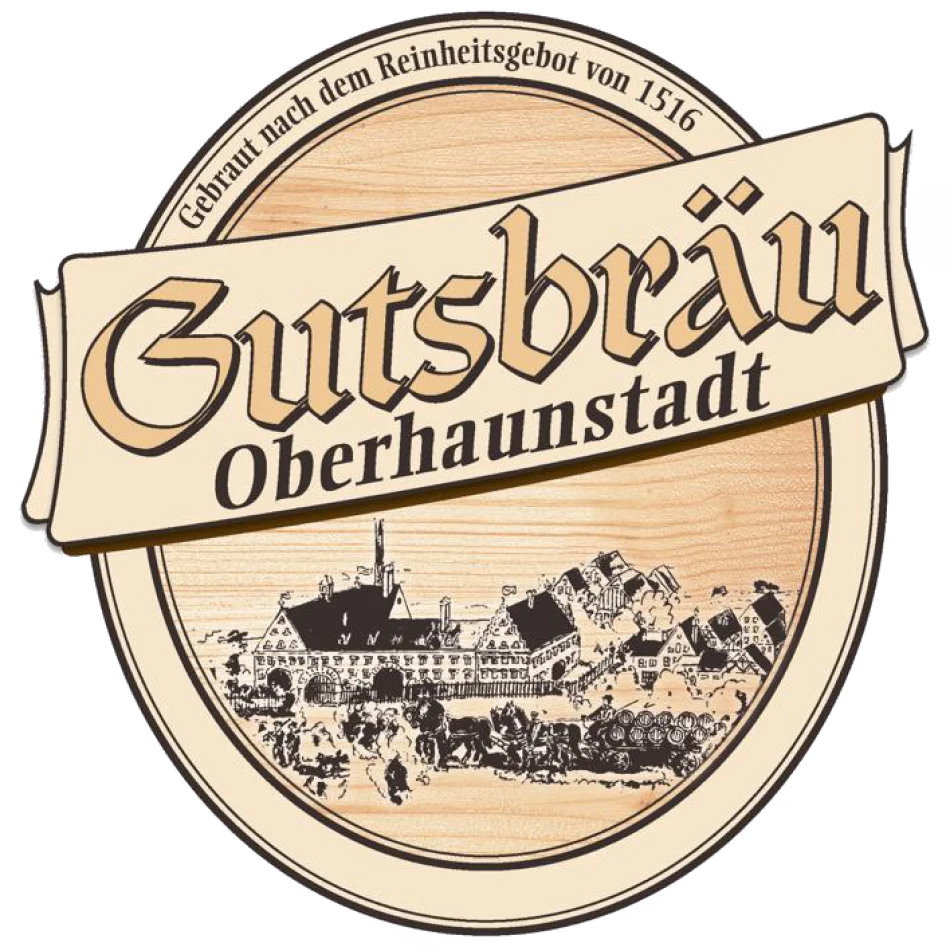 <think> Got it, let's create the alt text. The image is a logo for Gutsbräu Oberhaunstadt. It has a wooden circular backgrou…